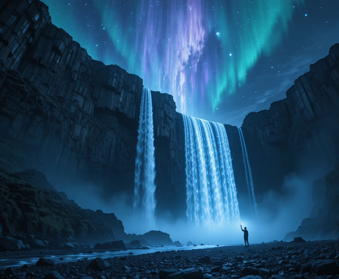 Lone figure beneath a glowing fantasy waterfall sky