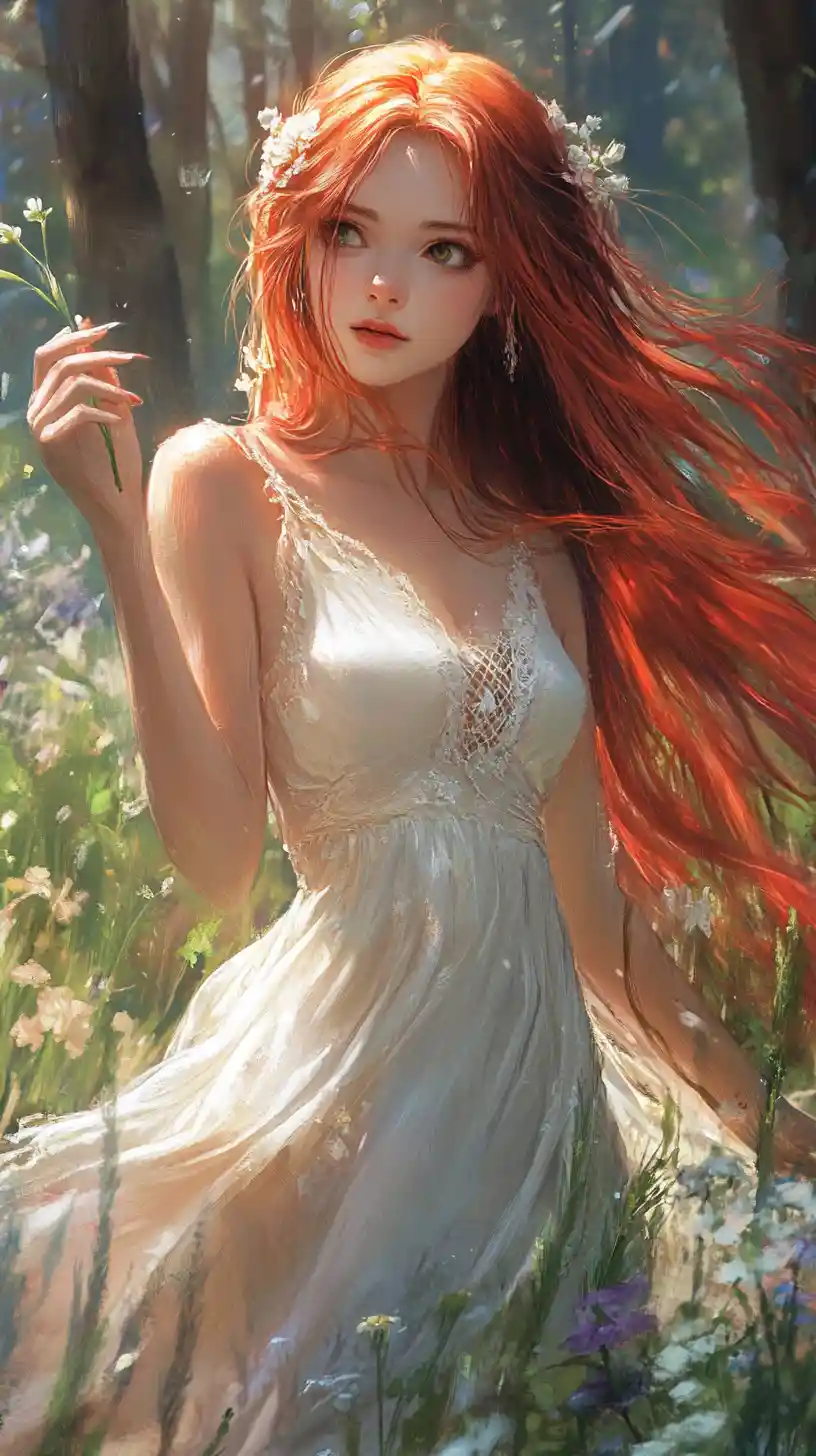 Anime woman in red dress standing in a summer flower field