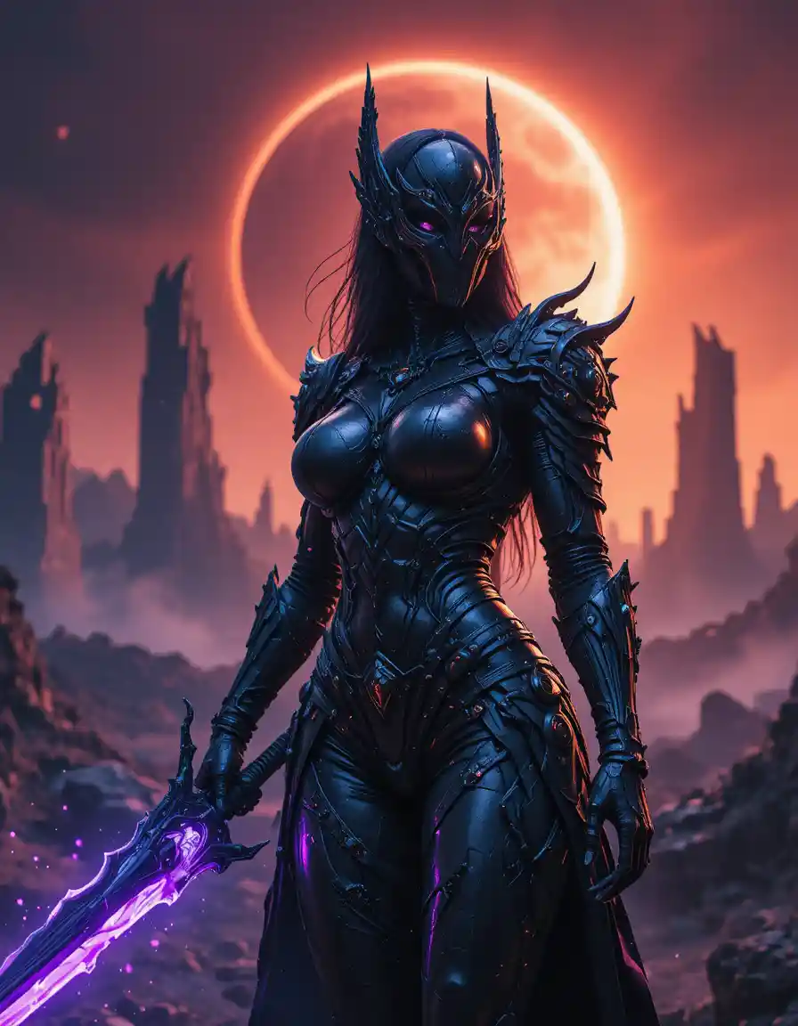 Dark paladin woman with violet runeblade in eclipse sky