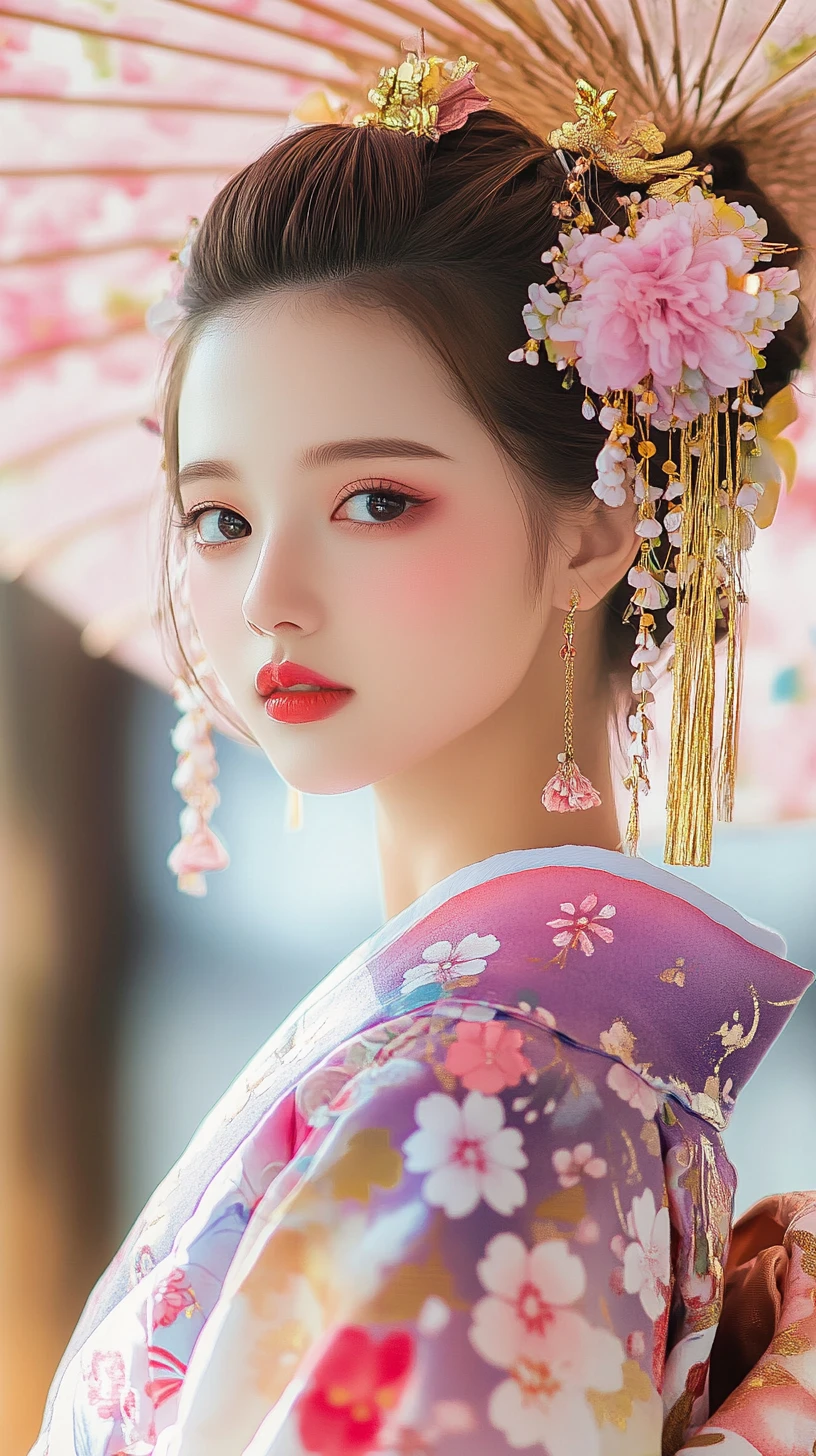 Mujer japonesa con kimono floral y flores de cerezo en el cabello