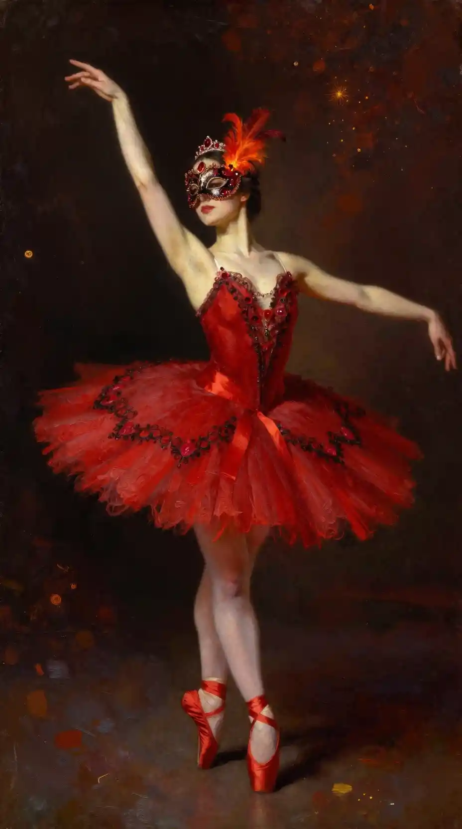 Ballerina as the Firebird in crimson costume on stage