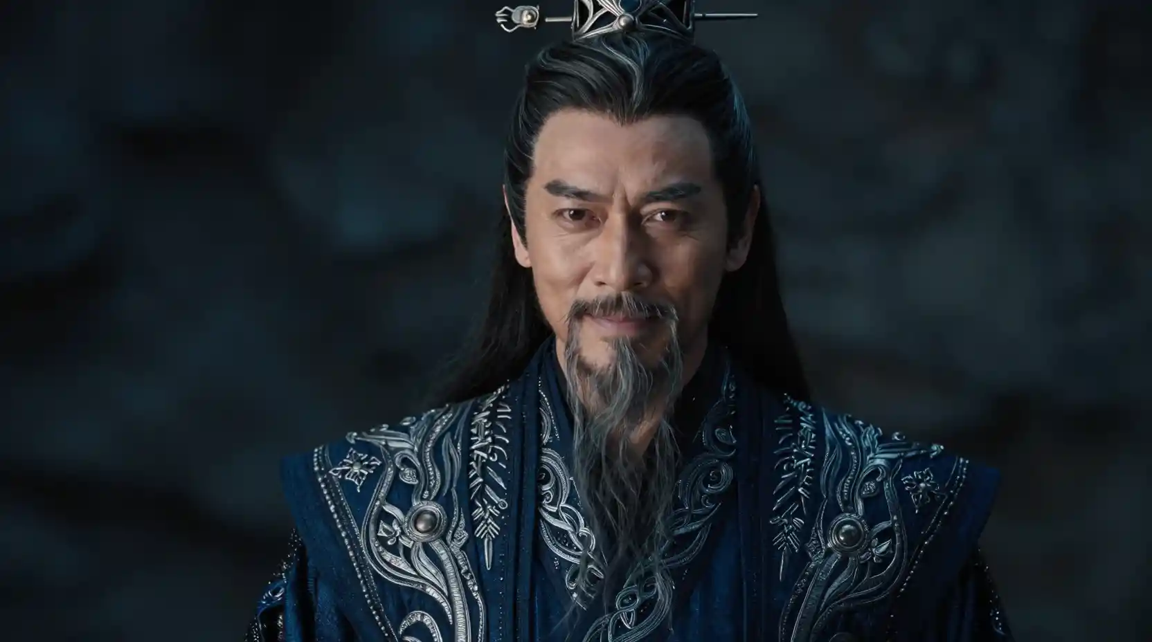 Cinematic Portrait Of Shrewd Chinese Nobleman In Blue Robe