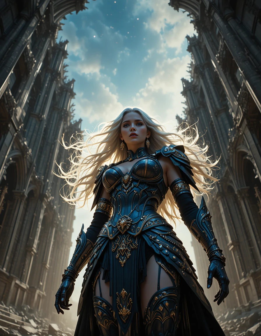 Dark armored warrior woman at ruined gothic cathedral
