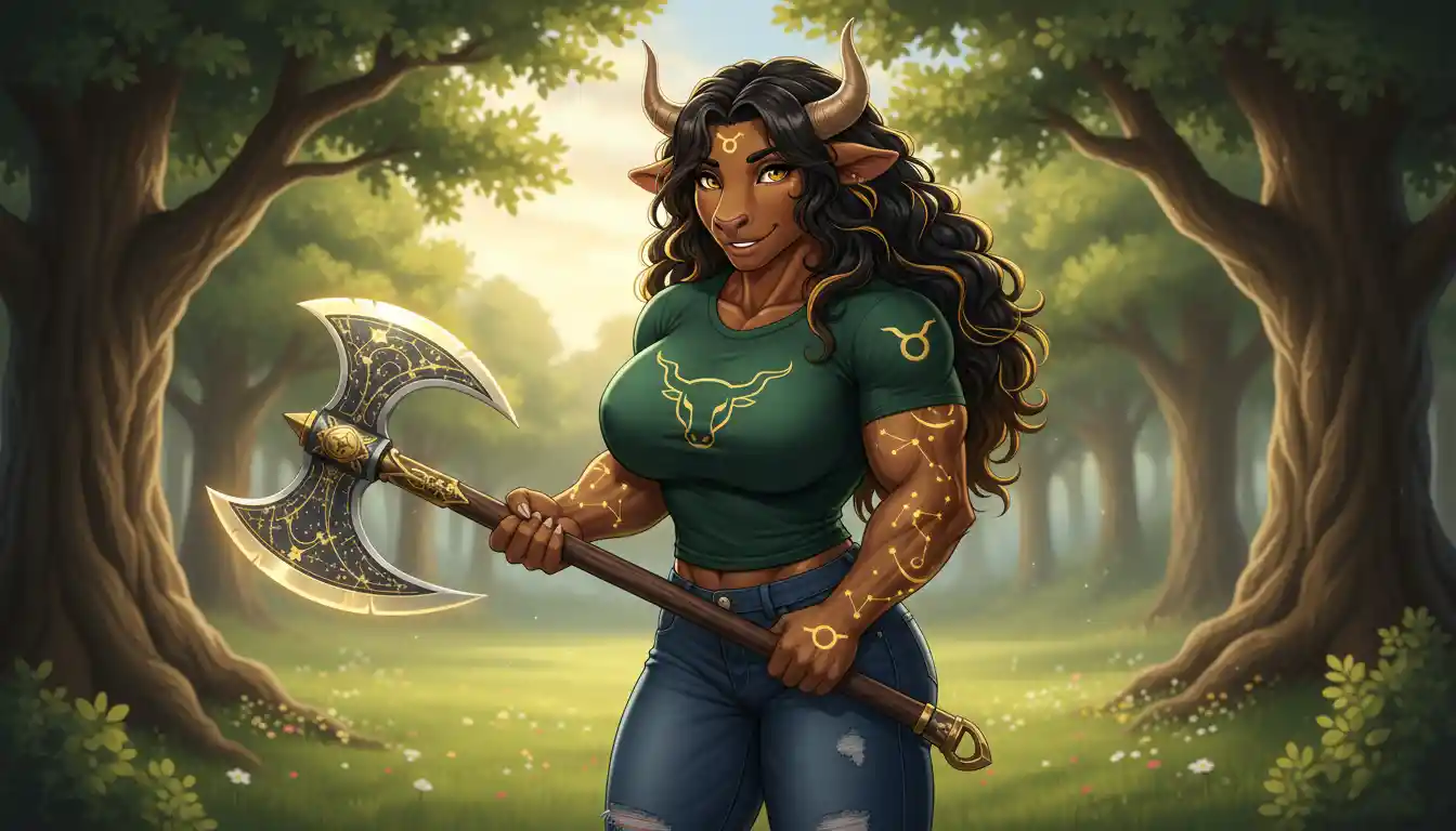 Strong taurus horned woman with axe in casual clothes