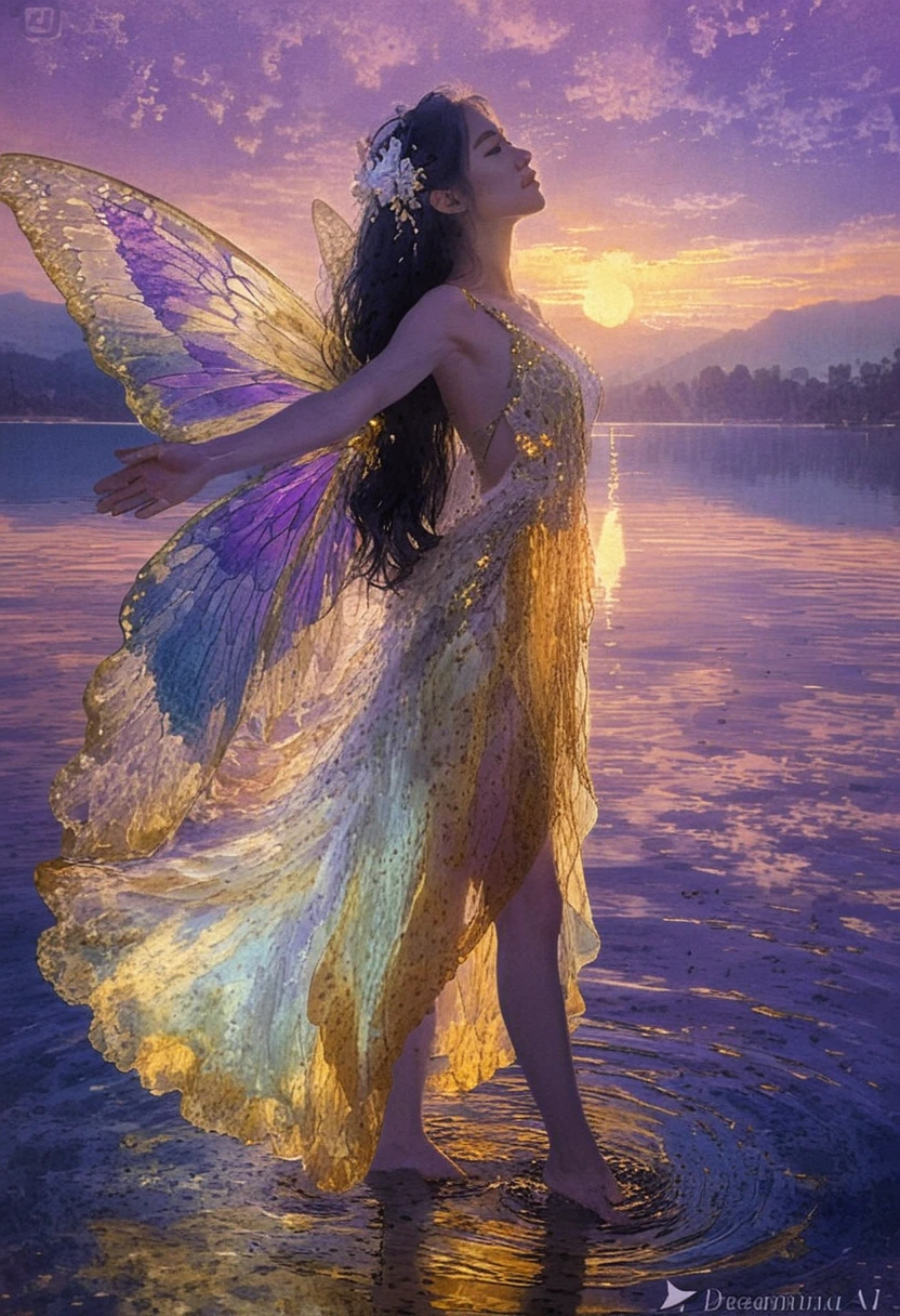 Joyful winged woman standing in a glowing sunrise lake