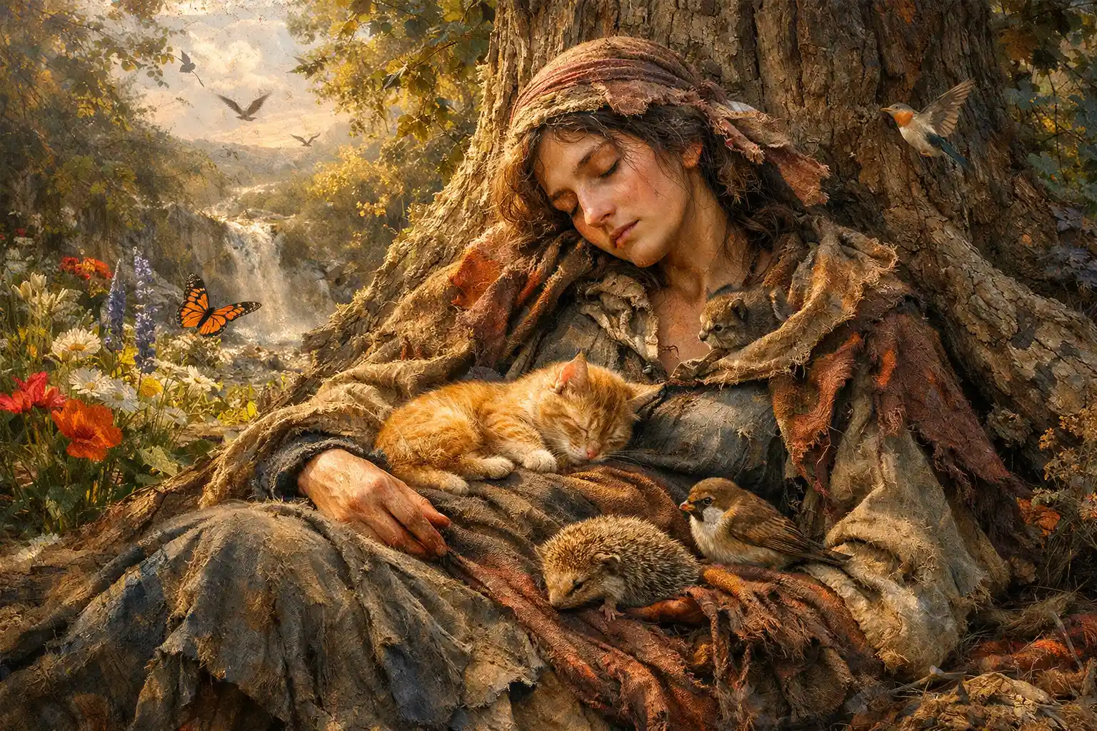 Sleeping vagrant woman resting against a tree with animals