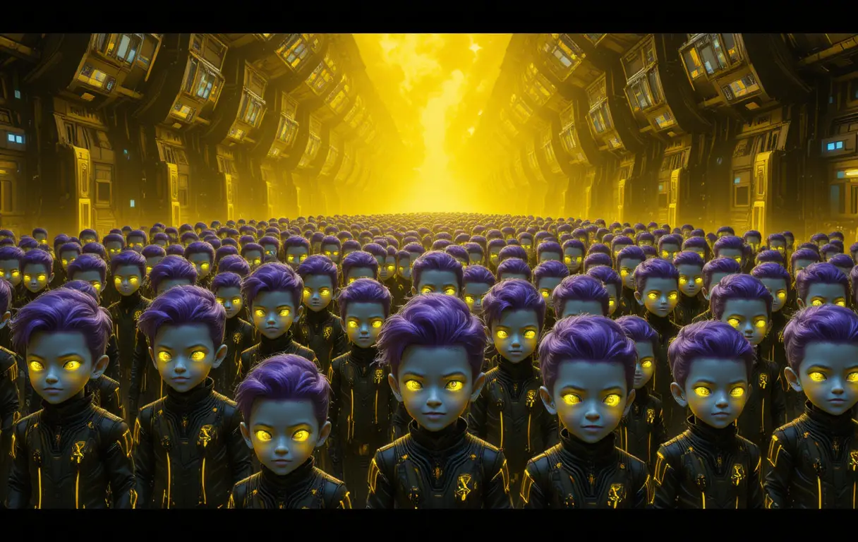 Futuristic toddlers in a neon lit sci fi facility