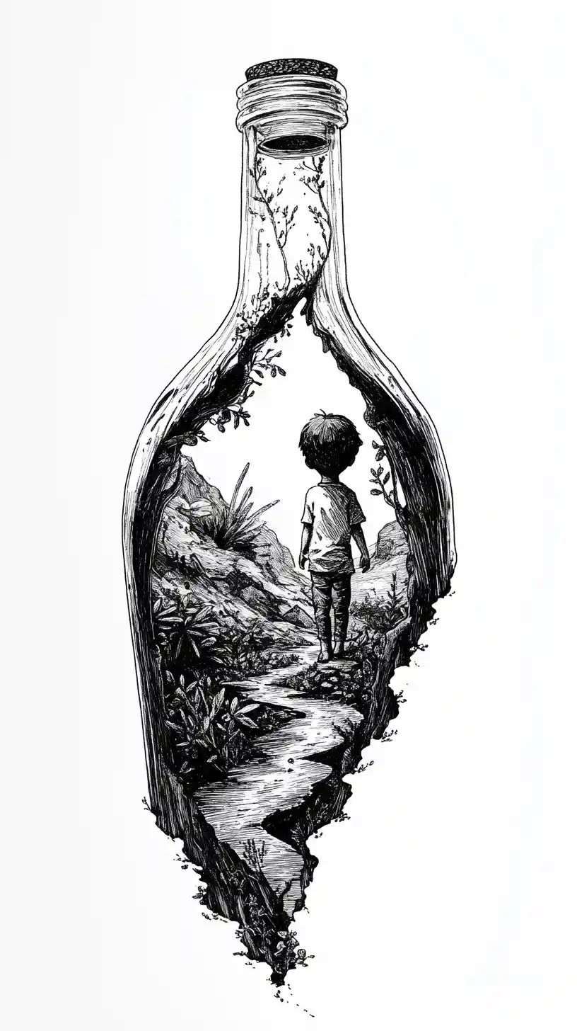 Tiny child inside a giant ink bottle in monochrome art
