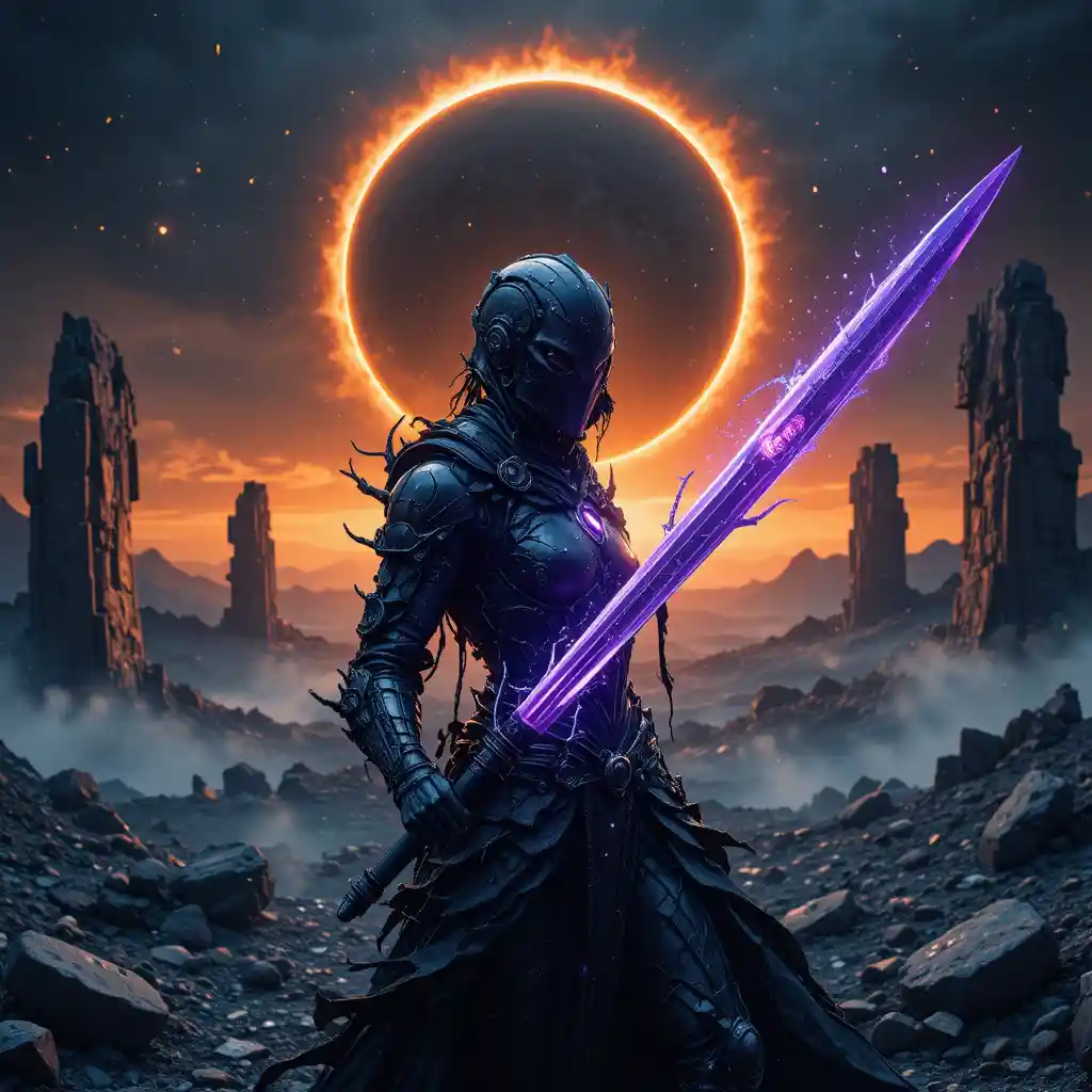 Dark female paladin with violet blade under solar eclipse
