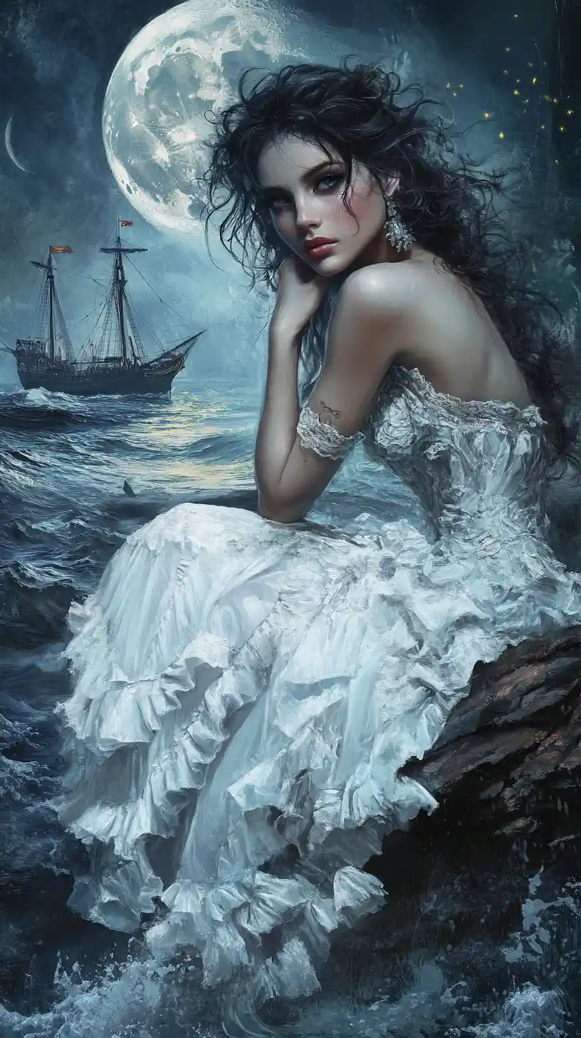 Dark sea siren woman sitting on a moonlit coastal rock