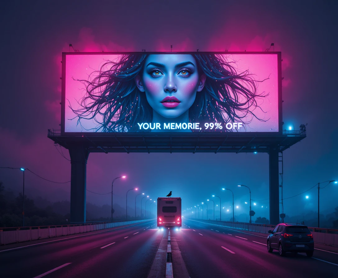 Futuristic Neon Highway With AI Billboard At Night