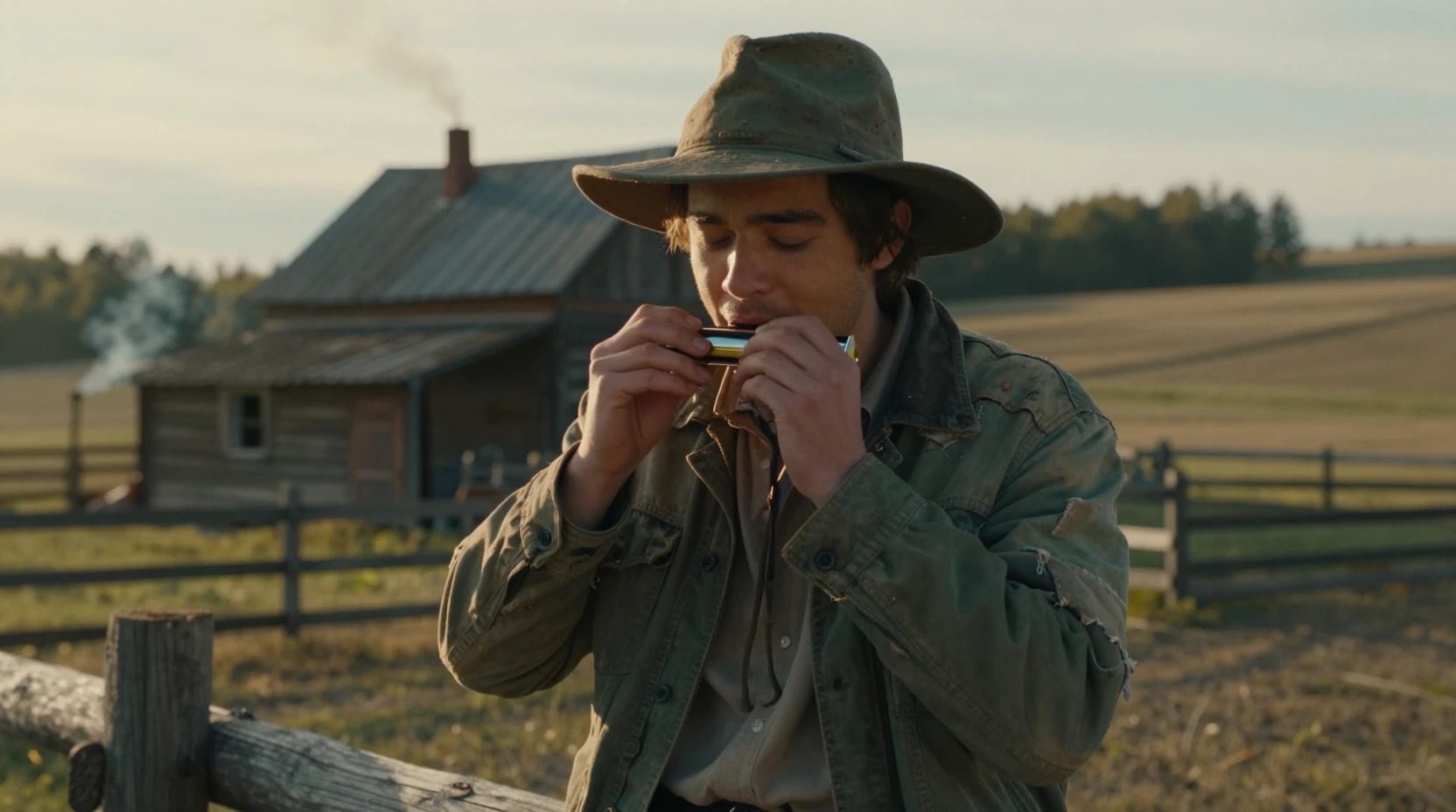 Young man playing harmonica on a rustic farm fence