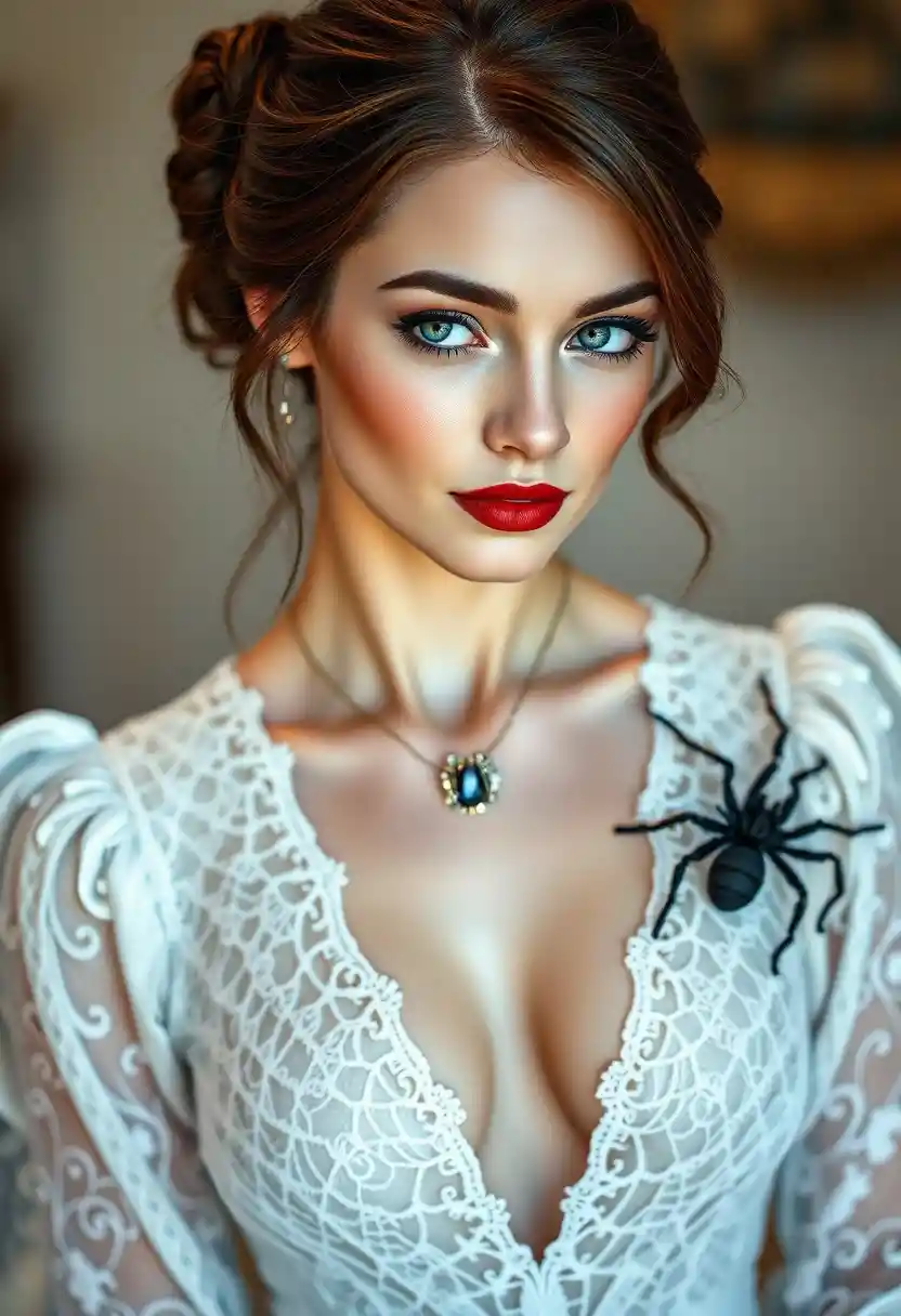 Mystical woman with blue eyes and spider adornments