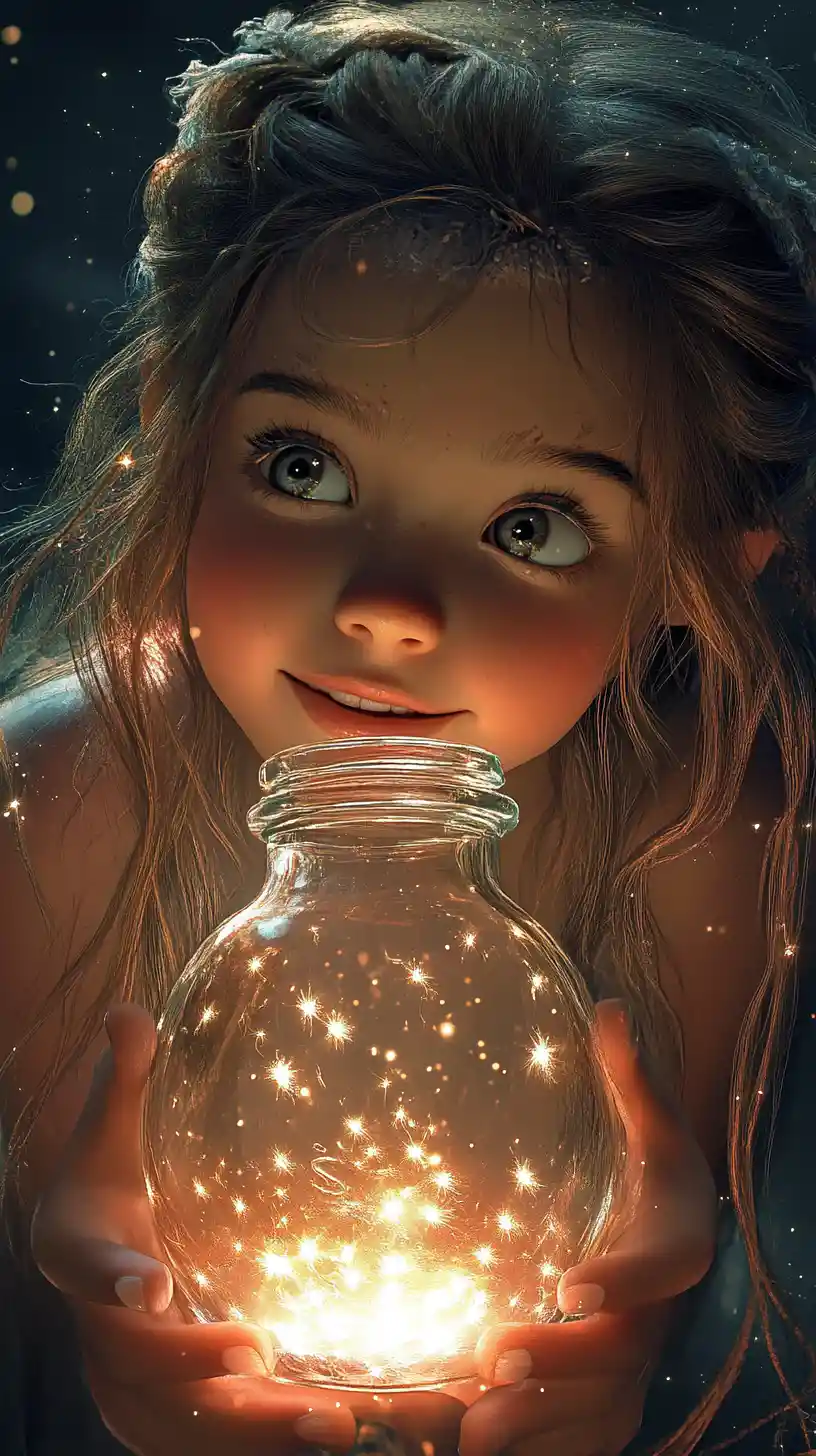 Girl holding glowing firefly jar in dark fantasy forest