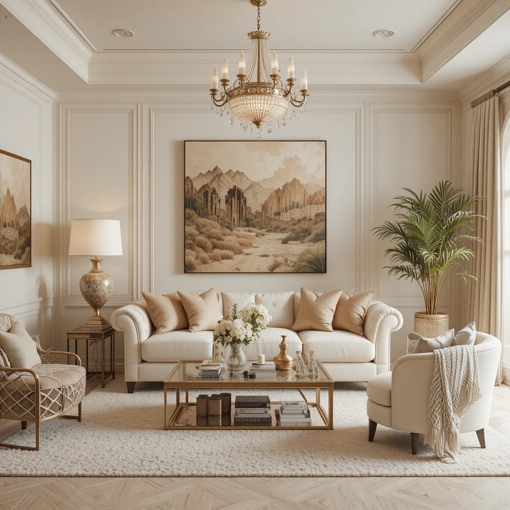 Elegante soggiorno boho con accenti beige crema