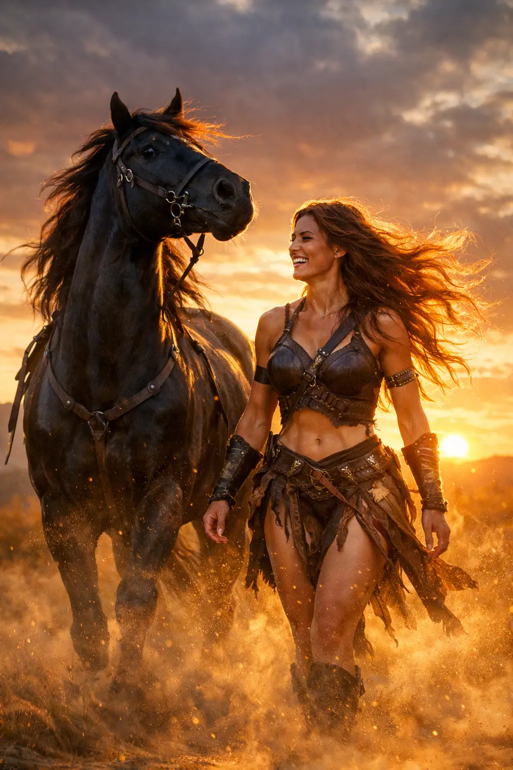 Amazon warrior walking beside a stallion at sunset