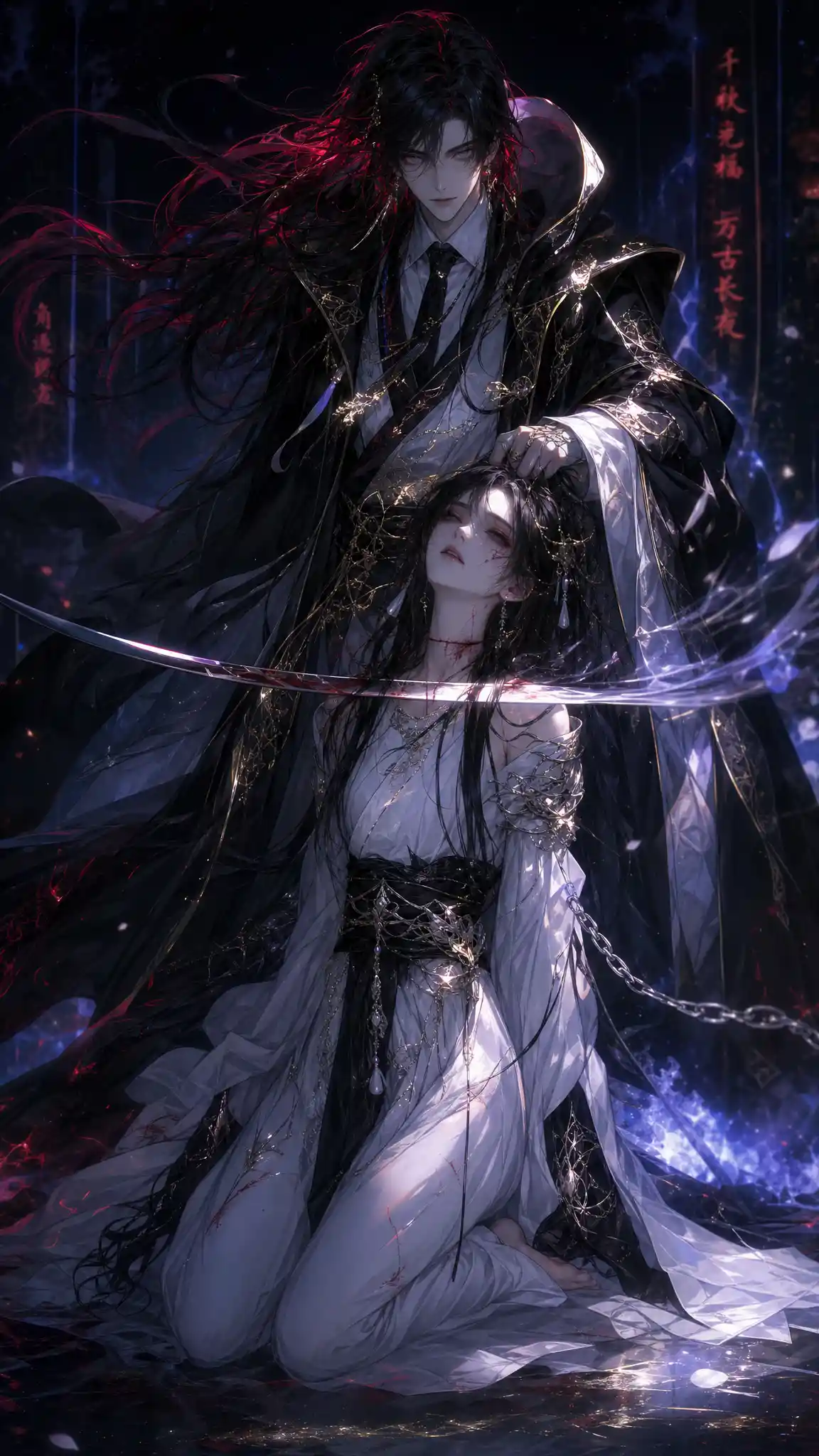 Grieving anime girl in white robes with dark aura