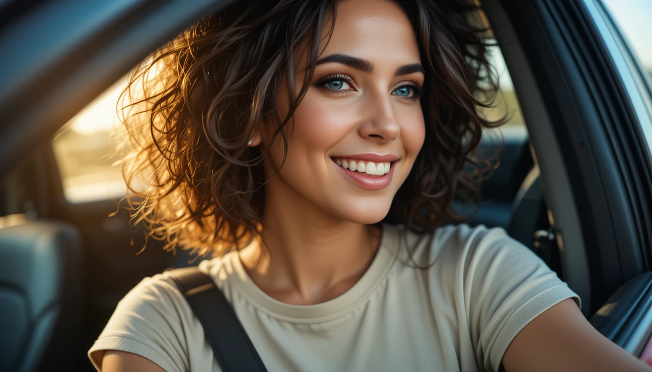 Smiling blue eyed woman relaxing in a sunlit car