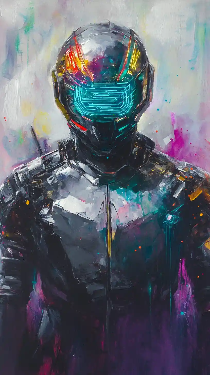 Abstract neon portrait of a heroic cyber samurai warrior