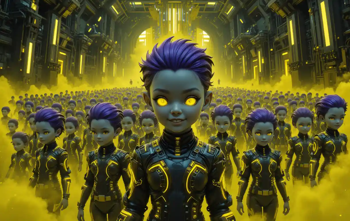Futuristic toddler girls in a vast sci fi space interior