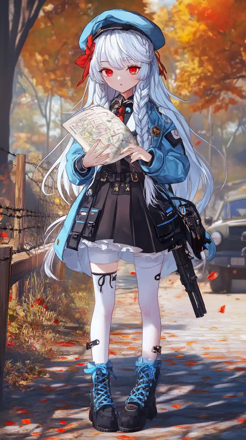 Anime girl with forest map near an autumn mountain hut