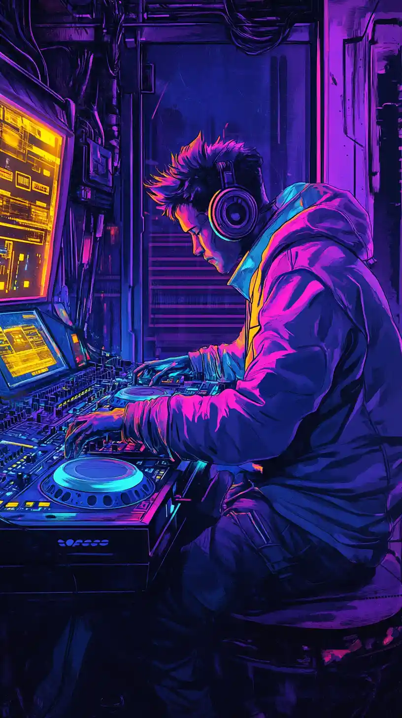 DJ cyberpunk immerso nel neon in un club futuristico della metropolitana