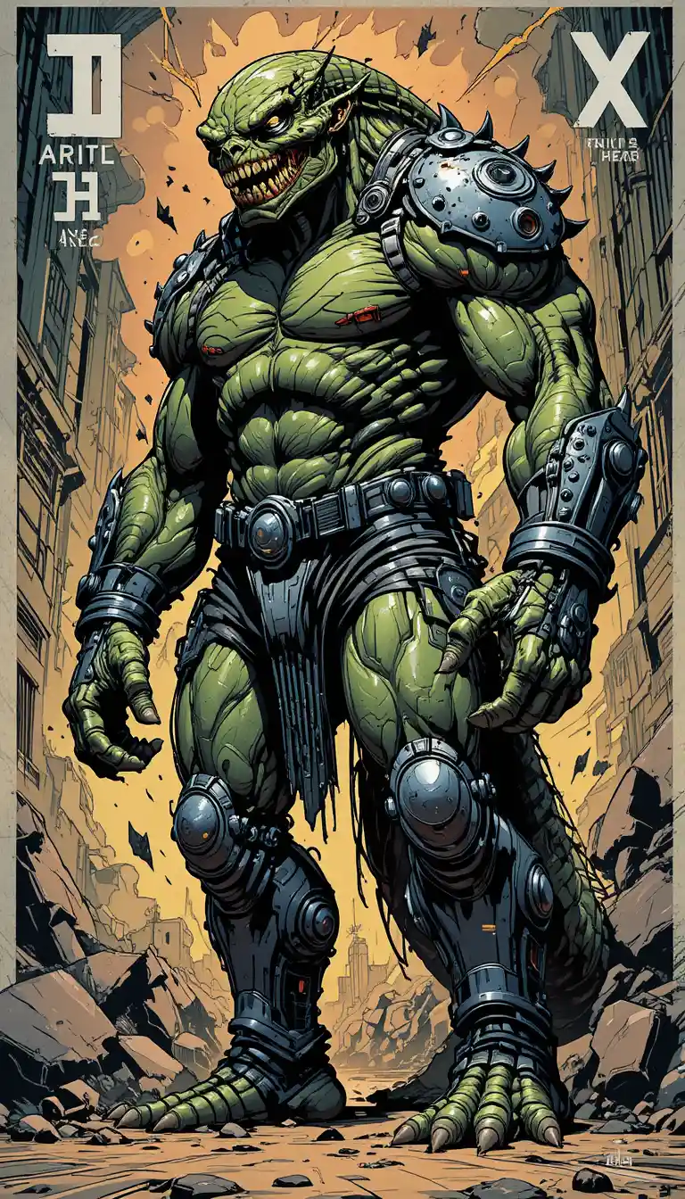 Towering cybernetic enforcer alien with glowing eye and armor