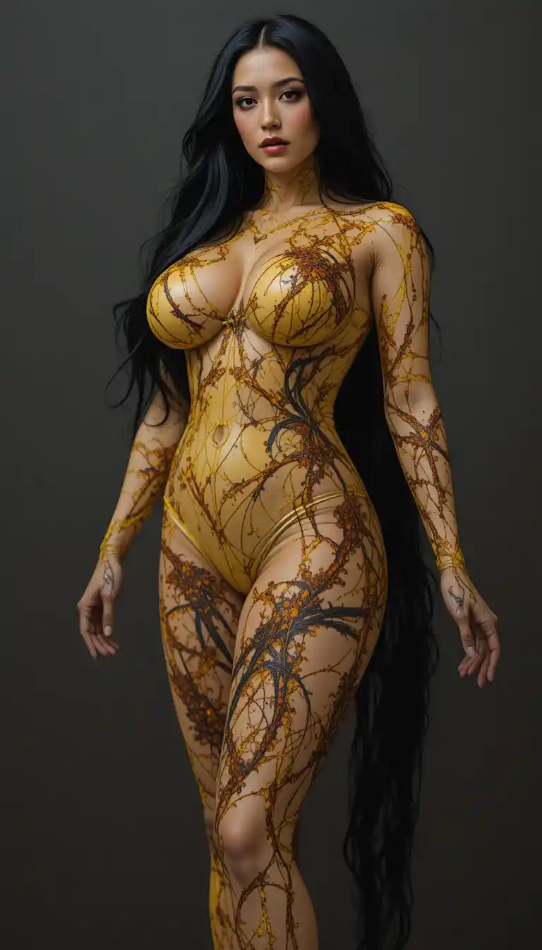 Curvy woman in sheer yellow body paint bodysuit