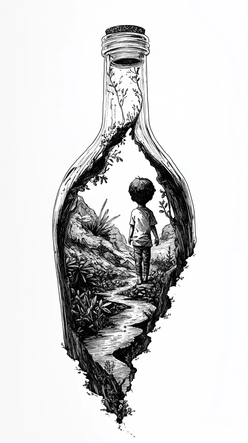 Tiny child inside a giant ink bottle in monochrome art