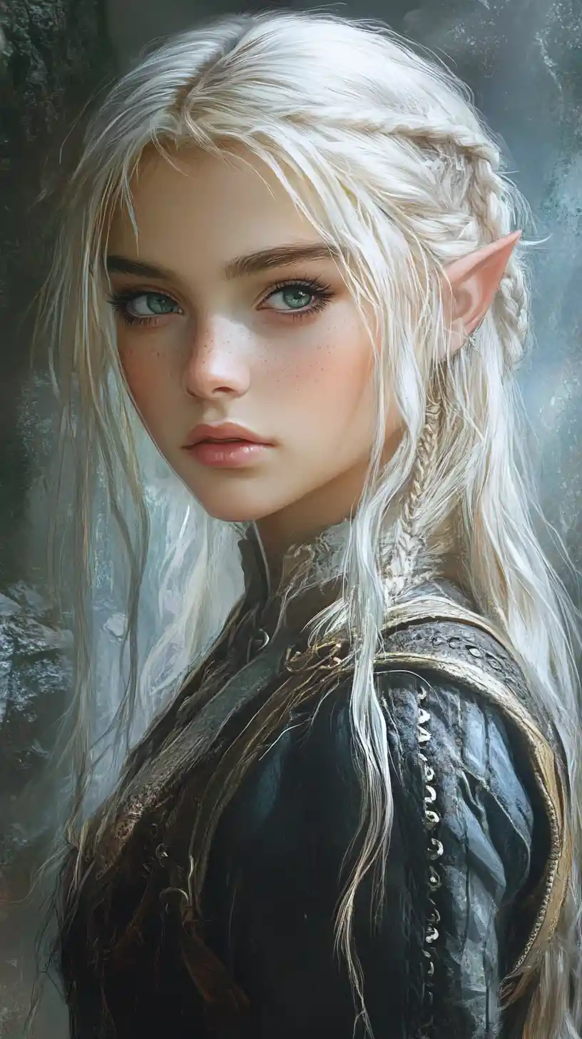 White haired elf girl in dark warrior outfit