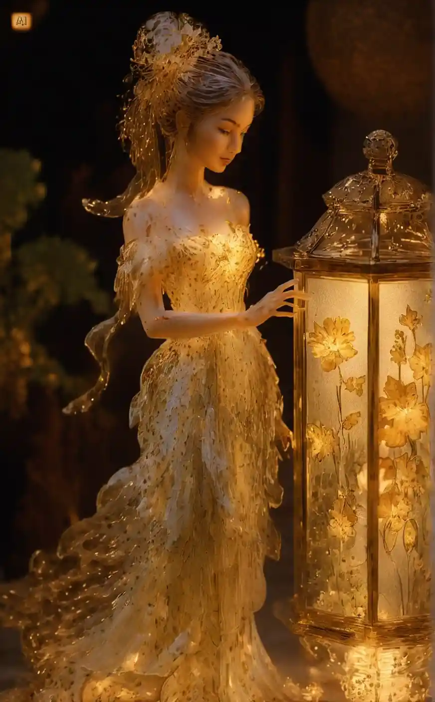 Glass woman sculpture beside a softly glowing lantern