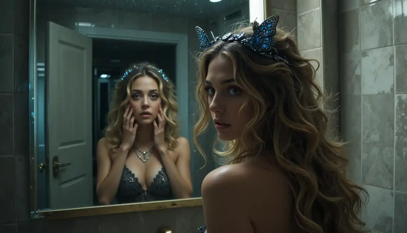 Woman doing makeup in bathroom with eyes in mirror