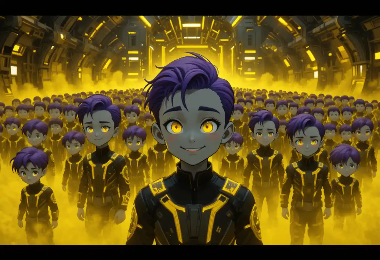 Futuristic Toddler Boys In Neon Lit Sci Fi Facility