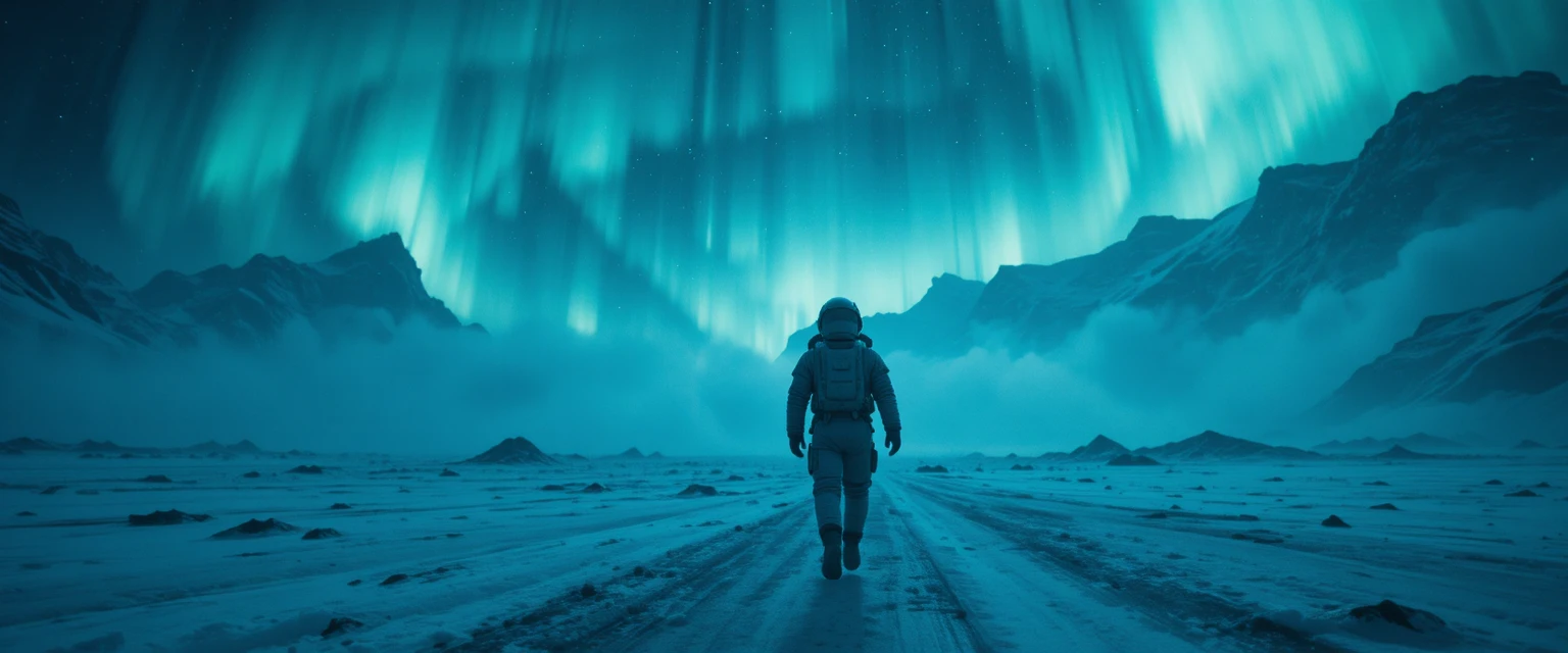 Astronaut Walking Alone On A Frozen Planet Under Auroras