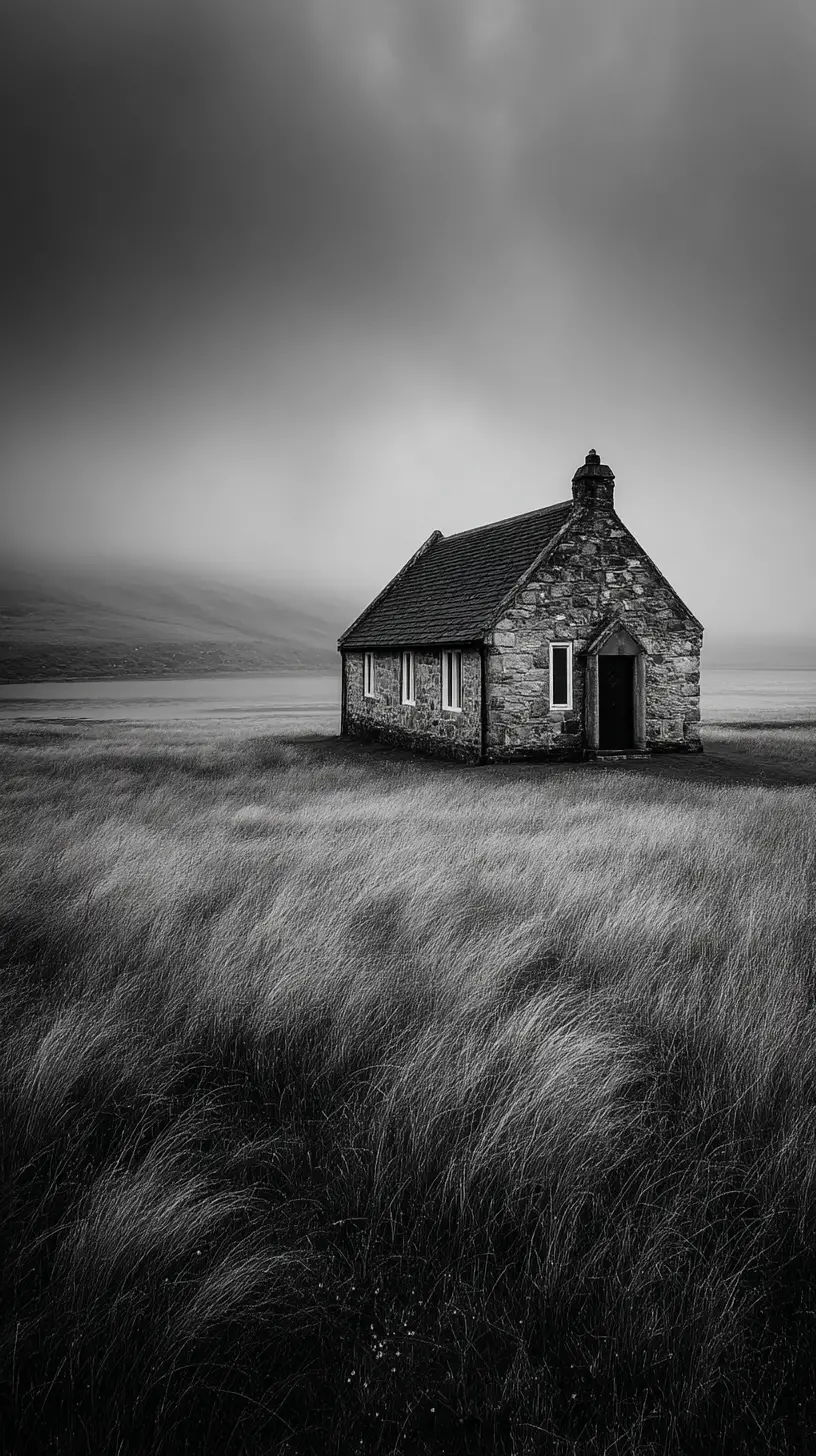 Foggy Scottish meadow with an abandoned stone countryside chapel