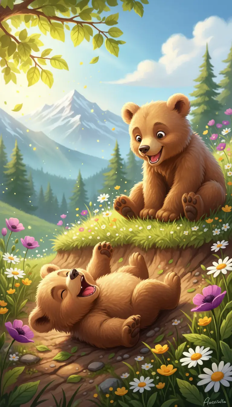 Playful bear cubs tumbling on a sunny alpine meadow