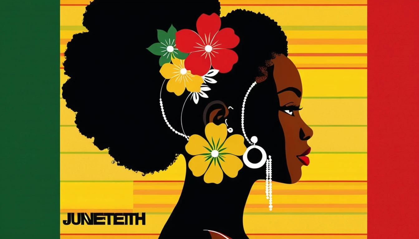 Juneteenth poster with woman silhouette and striped background