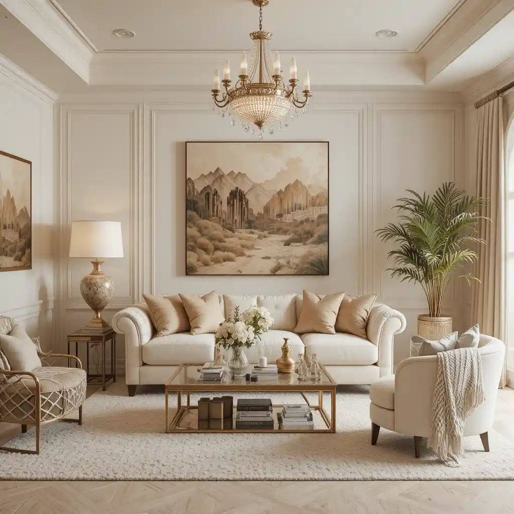 Elegant bohemian living room with creamy beige accents
