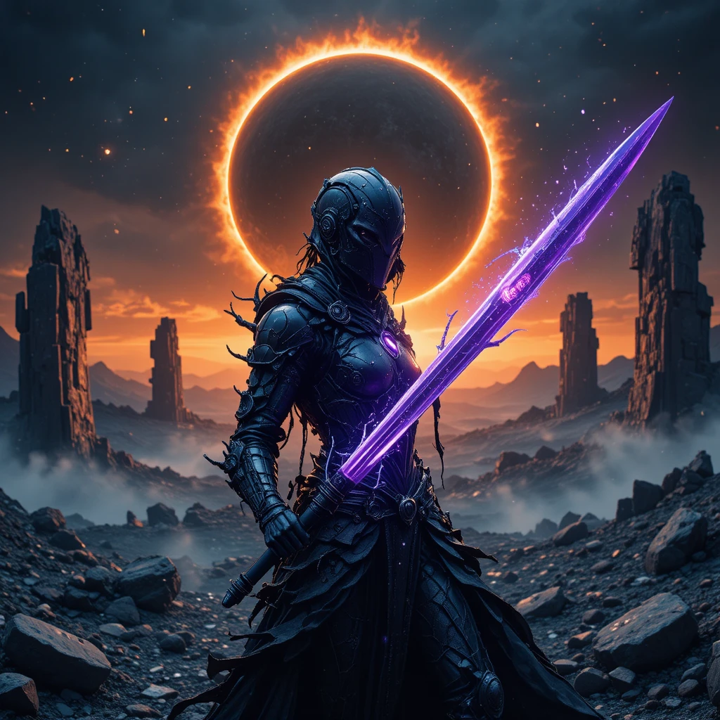 Dark female paladin with violet blade under solar eclipse