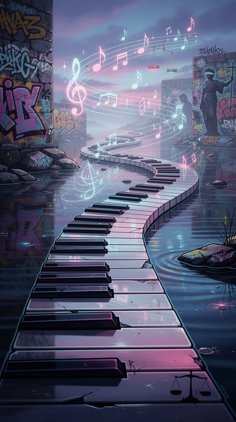 Camino surreal de teclas de piano cruzando un estanque de fantasía de ensueño