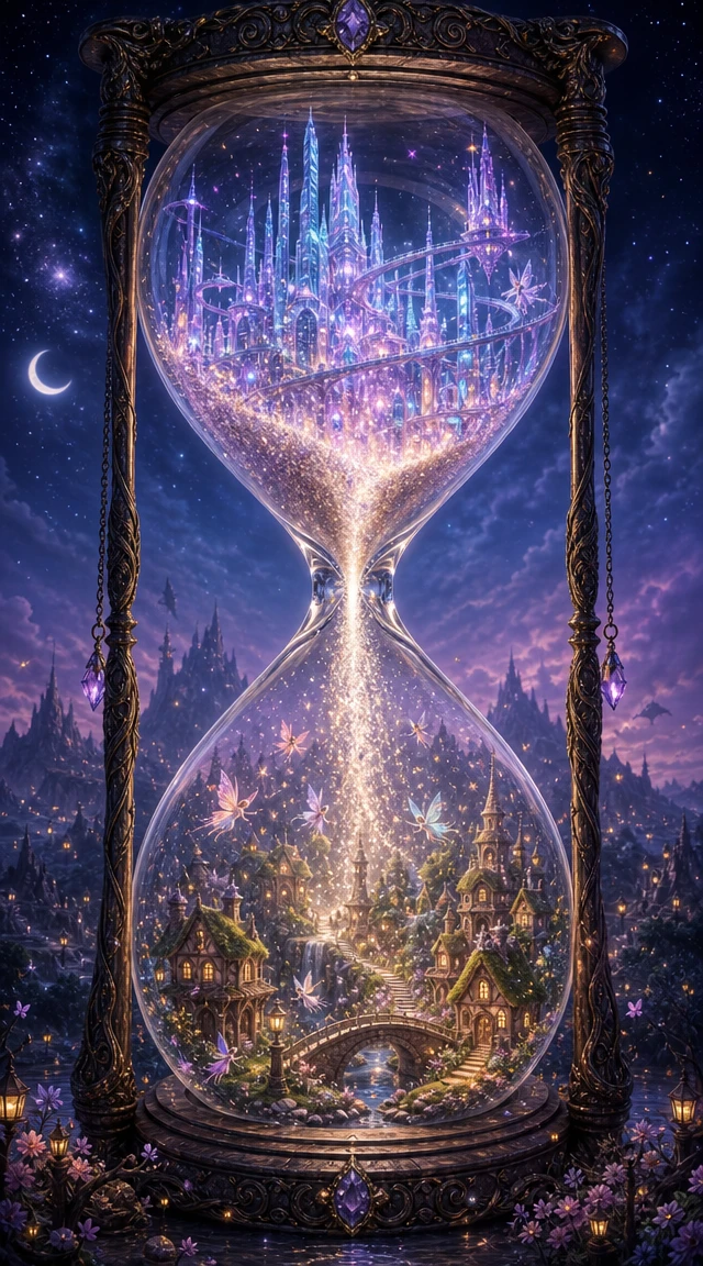 Enchanted Hourglass Over City And Fairy Village At Night