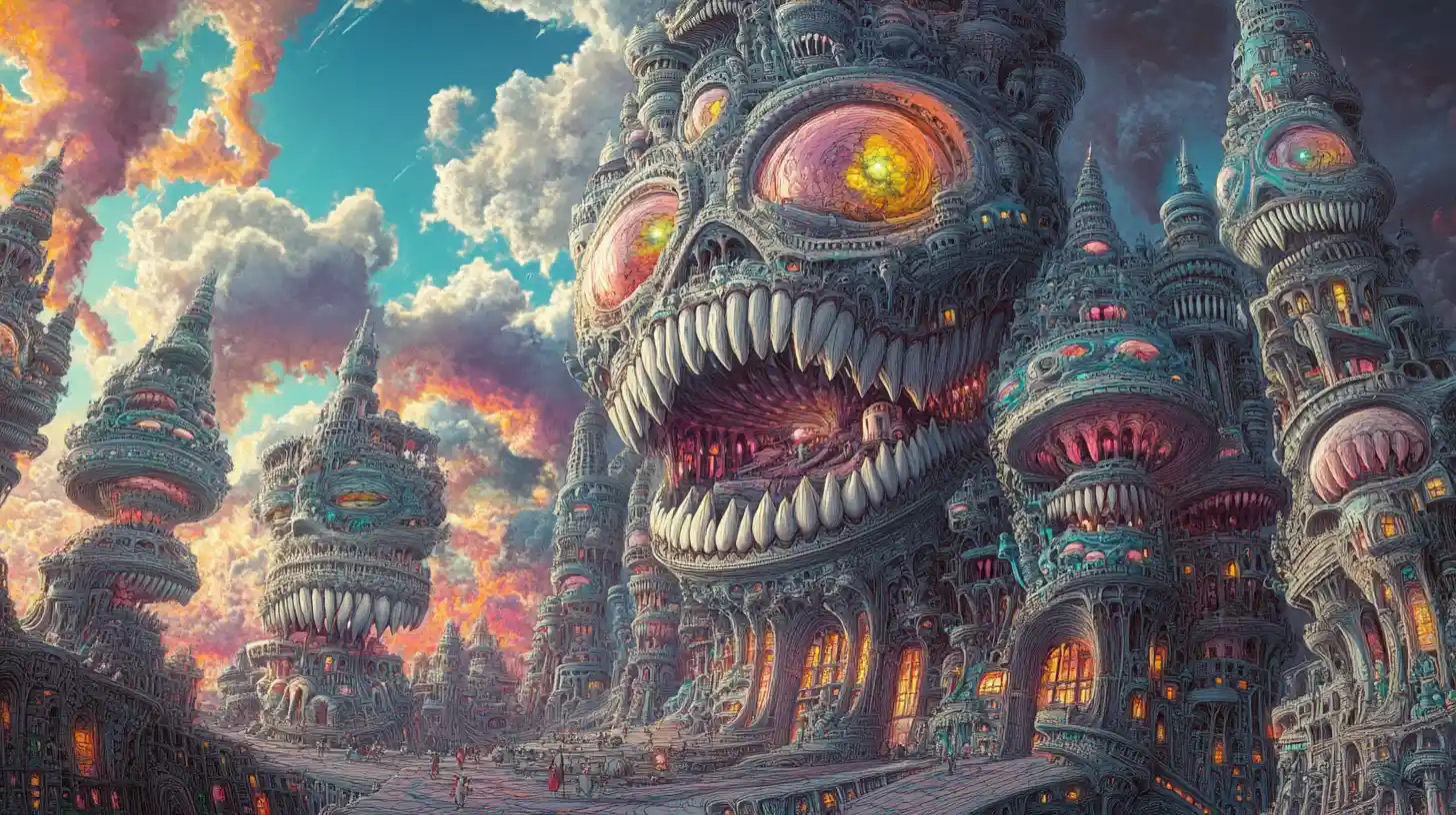 Surreal tooth like fantasy city with glowing windows