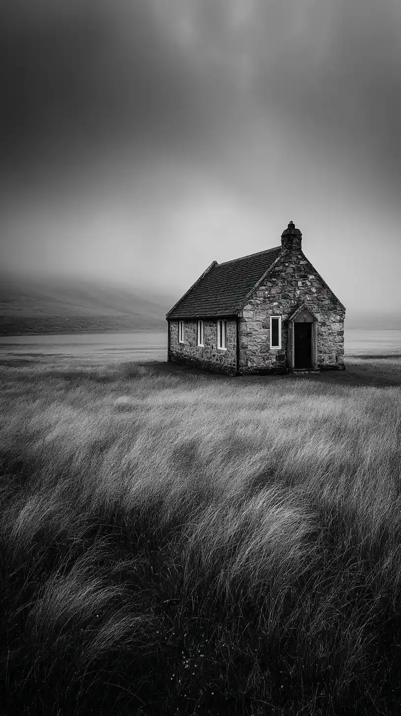 Foggy Scottish meadow with an abandoned stone countryside chapel