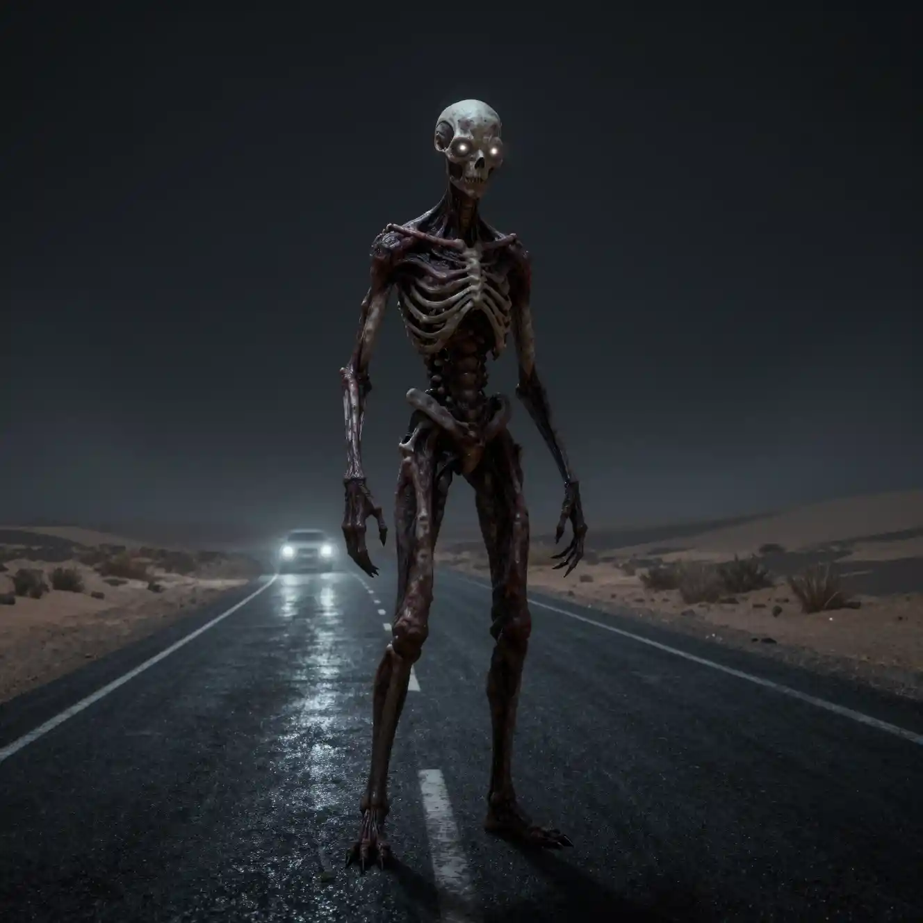 Creatura umanoide su una solitaria autostrada nel deserto a mezzanotte