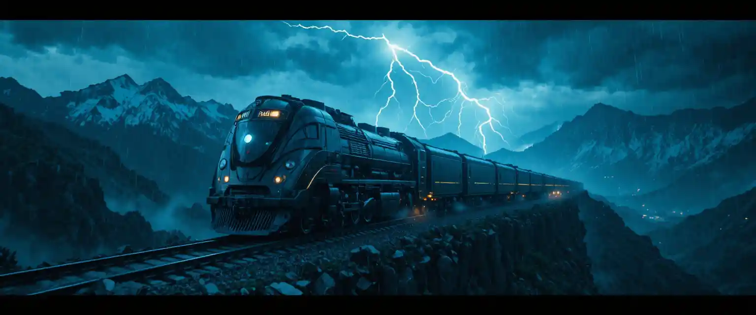 Futuristic train racing through stormy mountains at night