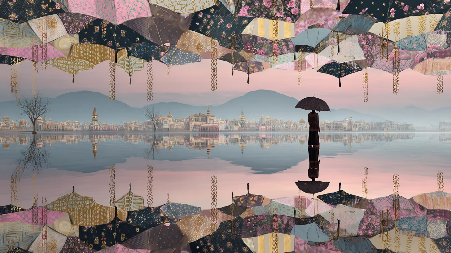 Giant Patchwork Umbrella Floating Above Reflective Water