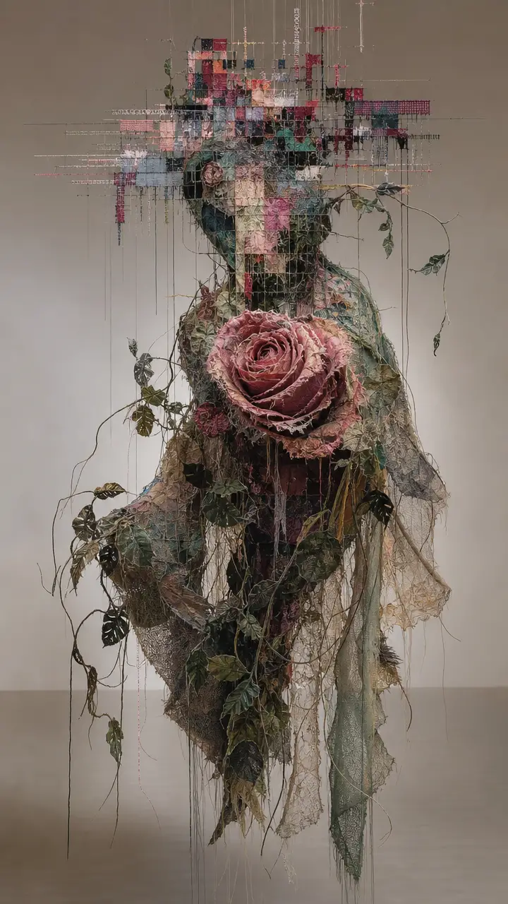Surreal fabric rose figure dissolving into delicate hanging threads