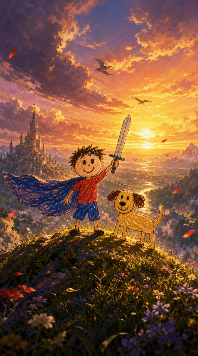 Bambino e cane in una fiabesca scena di tramonto fantasy