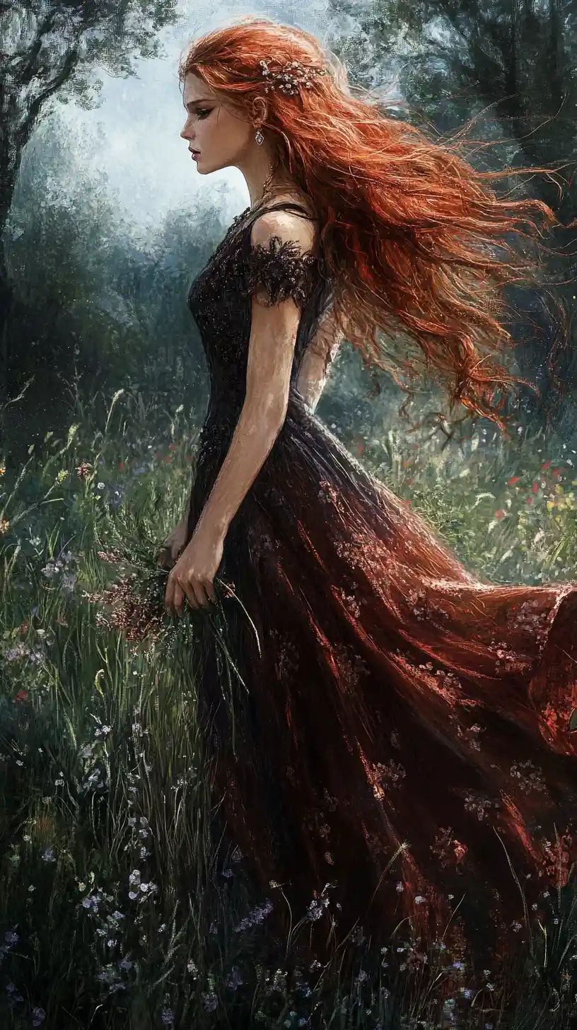Red haired woman in a flower field anime illustration