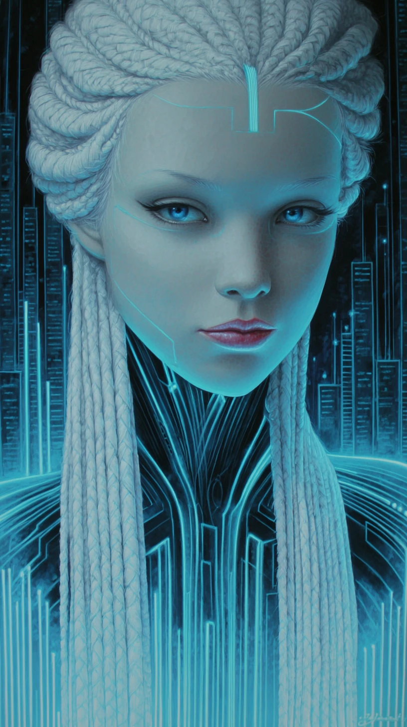 Donna androide cyberpunk con trecce al neon e città blu